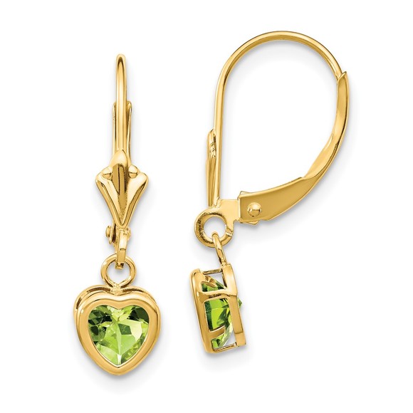 14k Yellow Gold 5mm Heart Peridot August Birthstone Ladies Earrings - Picture 1 of 4